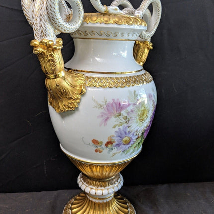 15.4" c1860 Meissen Vase serpent Handles Hand Painted, Heavy Gold - Estate Fresh Austin