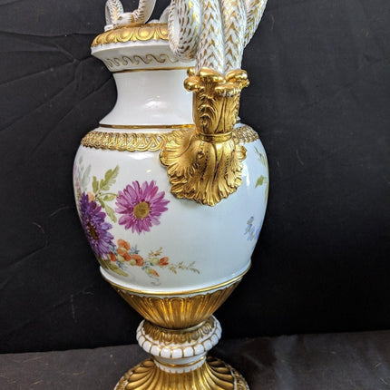 15.4" c1860 Meissen Vase serpent Handles Hand Painted, Heavy Gold - Estate Fresh Austin