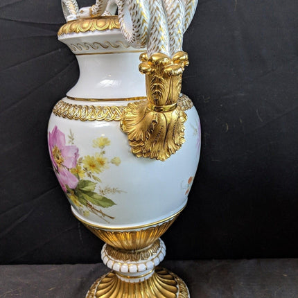 15.4" c1860 Meissen Vase serpent Handles Hand Painted, Heavy Gold - Estate Fresh Austin