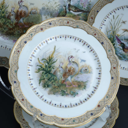 15pc c1900 Haviland Limoges Game Set Art Nouveau Jeweled Rims Hand Painted Over - Estate Fresh Austin