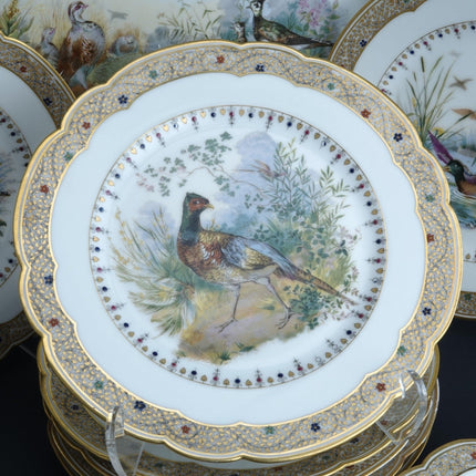 15pc c1900 Haviland Limoges Game Set Art Nouveau Jeweled Rims Hand Painted Over - Estate Fresh Austin