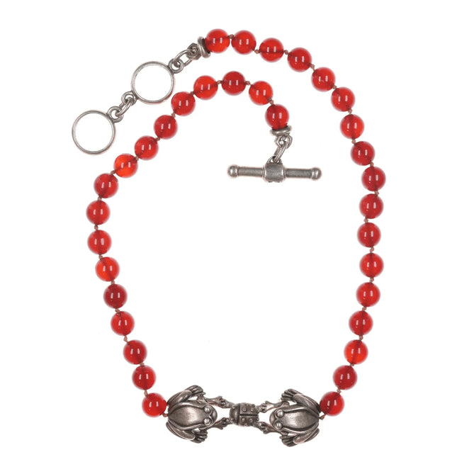 16" Vintage Barry Kieselstein Cord Carnelian beaded necklace with Sterling frogs/ladybug - Estate Fresh Austin