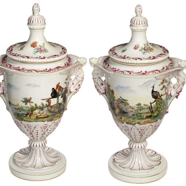 16.5" c.1890 Carl Thieme Dresden Porcelain Covered Urns with Animals/winged hand - Estate Fresh Austin