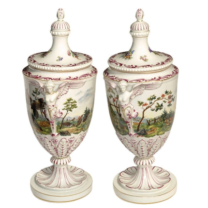 16.5" c.1890 Carl Thieme Dresden Porcelain Covered Urns with Animals/winged hand - Estate Fresh Austin