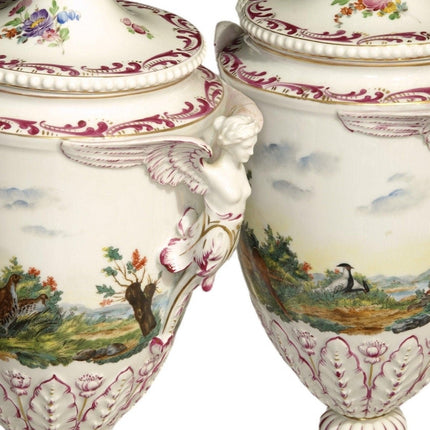 16.5" c.1890 Carl Thieme Dresden Porcelain Covered Urns with Animals/winged hand - Estate Fresh Austin