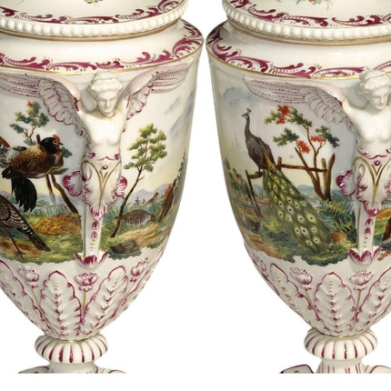 16.5" c.1890 Carl Thieme Dresden Porcelain Covered Urns with Animals/winged hand - Estate Fresh Austin