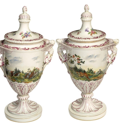 16.5" c.1890 Carl Thieme Dresden Porcelain Covered Urns with Animals/winged hand - Estate Fresh Austin