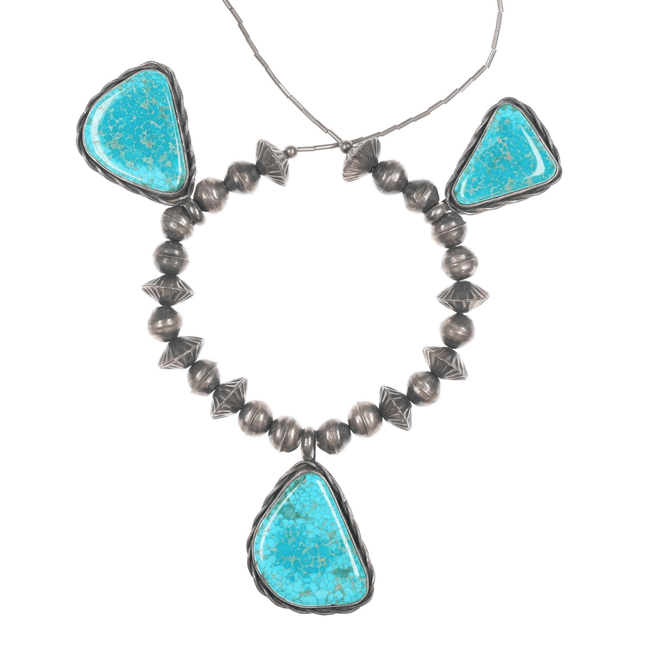 17" 1970's waterweb turquoise silver beaded Navajo necklace - Estate Fresh Austin