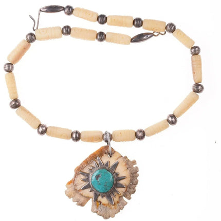 17" Vintage Native American Sterling, turquoise and antler necklace - Estate Fresh Austin