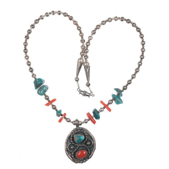 17" Vintage Native American sterling, turquoise, and coral beaded pendant necklace - Estate Fresh Austin