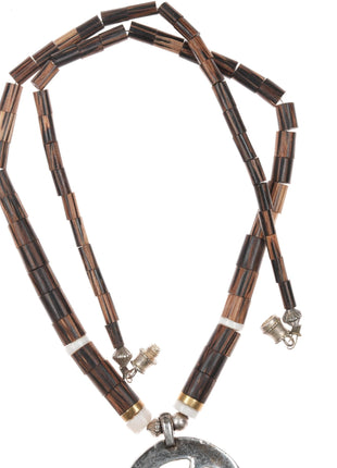 18" 1970's Santo Domingo sterling, wood, brass, shell Naja heishi necklace - Estate Fresh Austin