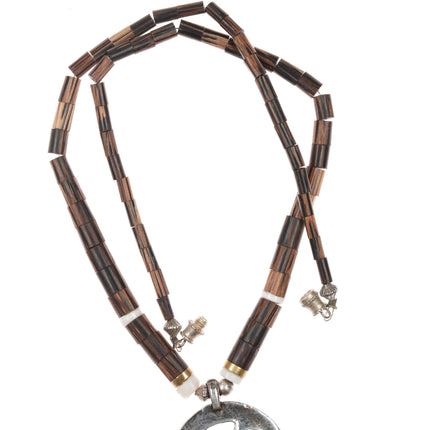 18" 1970's Santo Domingo sterling, wood, brass, shell Naja heishi necklace - Estate Fresh Austin