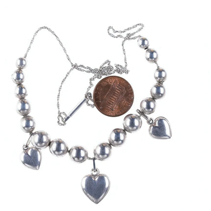 18" Retro Beaded sterling hearts necklace - Estate Fresh Austin