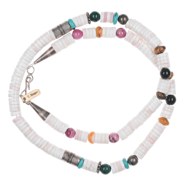 18" Tommy Singer (1940 - 2014) Navajo Silver, multi - stone/shell heishi necklace - Estate Fresh Austin