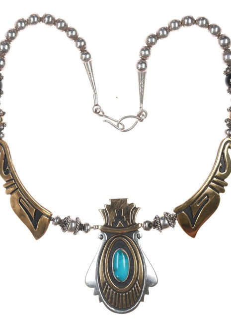 18" Tommy Singer (1940 - 2014) Navajo sterling, gold filled, turquoise necklace - Estate Fresh Austin