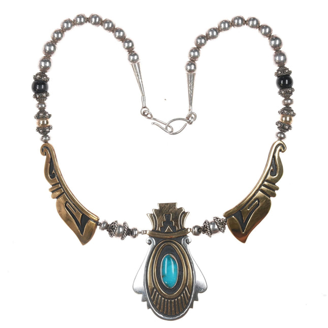 18" Tommy Singer (1940 - 2014) Navajo sterling, gold filled, turquoise necklace - Estate Fresh Austin