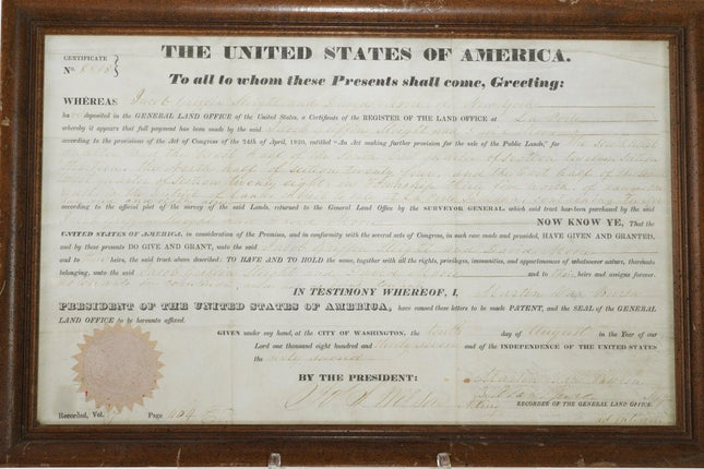 1837 President Martin Van Buren Signed Land Grant New York - Estate Fresh Austin