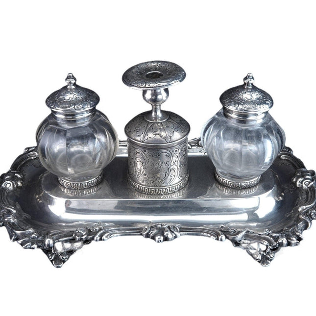 1842 Sterling Silver Inkwell Desk Set Robert Gray & Son Glasgow, Scotland - Estate Fresh Austin