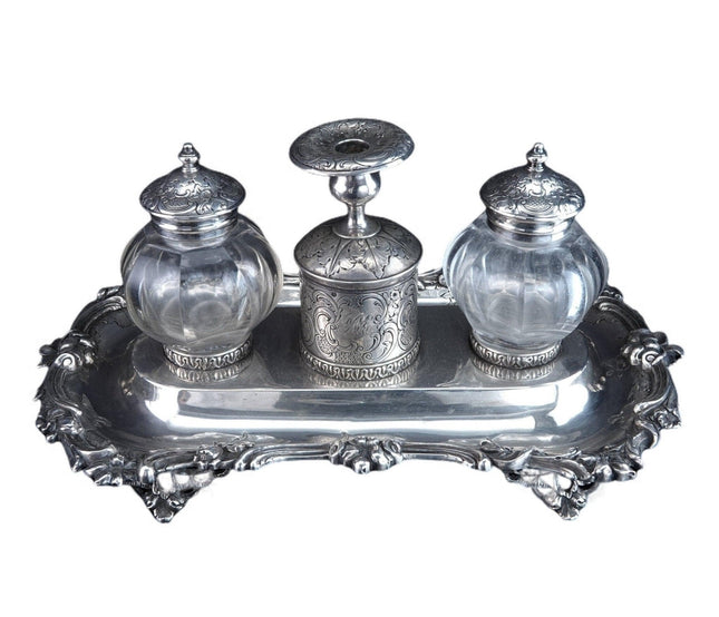 1842 Sterling Silver Inkwell Desk Set Robert Gray & Son Glasgow, Scotland - Estate Fresh Austin