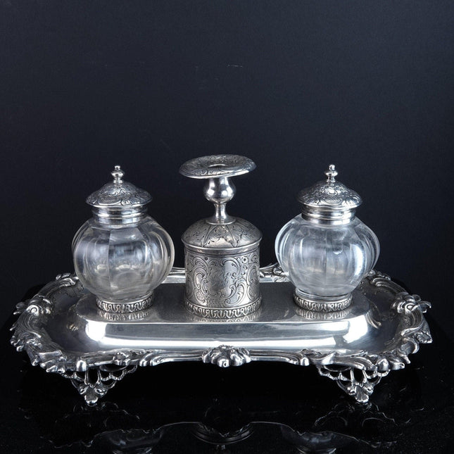 1842 Sterling Silver Inkwell Desk Set Robert Gray & Son Glasgow, Scotland - Estate Fresh Austin