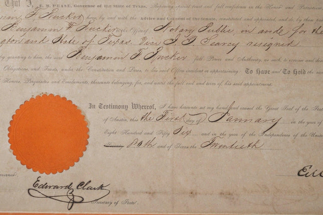 1856 Texas Governors Elisha M. Pease/Edward Clark Signed Document - Estate Fresh Austin