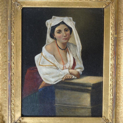 1870 Burr H. Nicholls Risque Woman Oil on Canvas Incredible Frame Acorns & Leave - Estate Fresh Austin