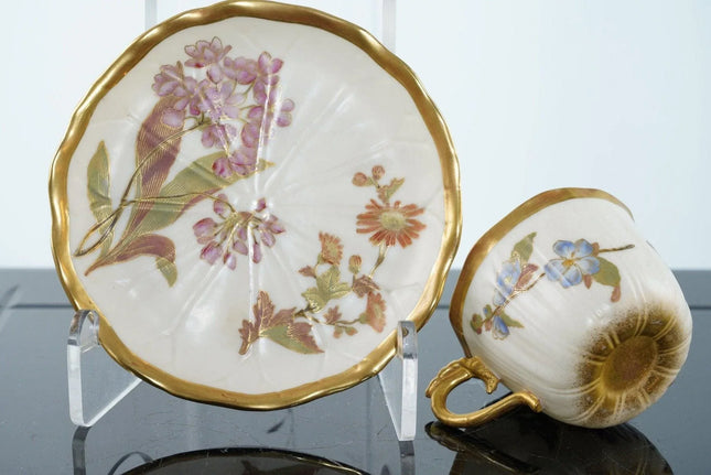 1870's Royal Worcester Lotus Form Satsuma Style Teacup and saucer - Estate Fresh Austin