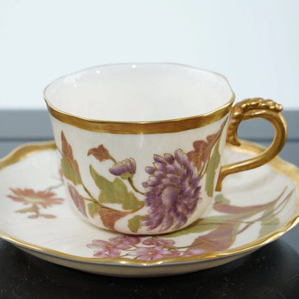 1870's Royal Worcester Lotus Form Satsuma Style Teacup and saucer - Estate Fresh Austin