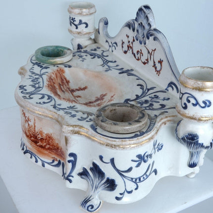 1890 Longwy Hand Painted French Faience Desk Stand Double Inkwell with Candle Ho - Estate Fresh Austin