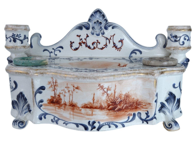 1890 Longwy Hand Painted French Faience Desk Stand Double Inkwell with Candle Ho - Estate Fresh Austin