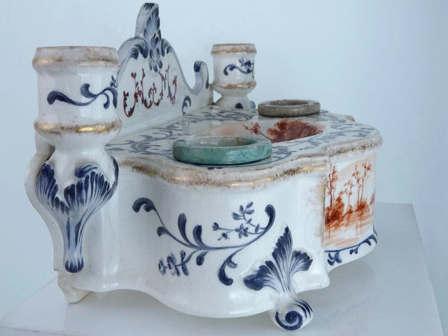 1890 Longwy Hand Painted French Faience Desk Stand Double Inkwell with Candle Ho - Estate Fresh Austin