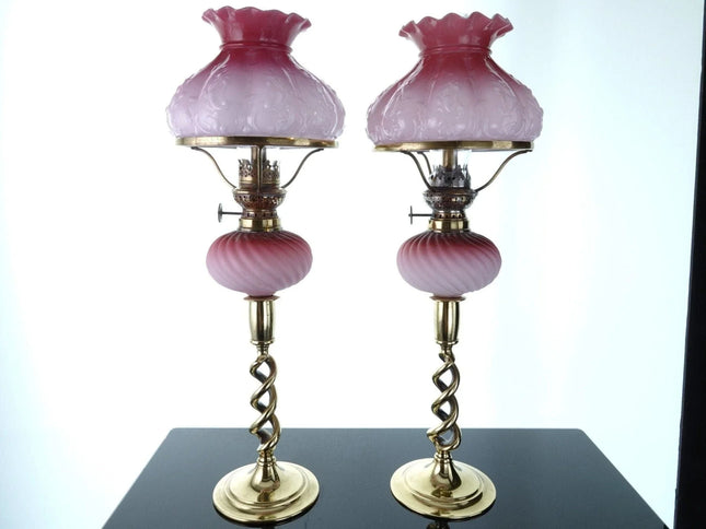 1890's Pink to cranberry Cased Glass Peg student lamps Pair - Estate Fresh Austin