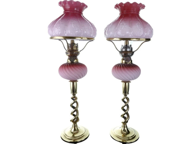 1890's Pink to cranberry Cased Glass Peg student lamps Pair - Estate Fresh Austin