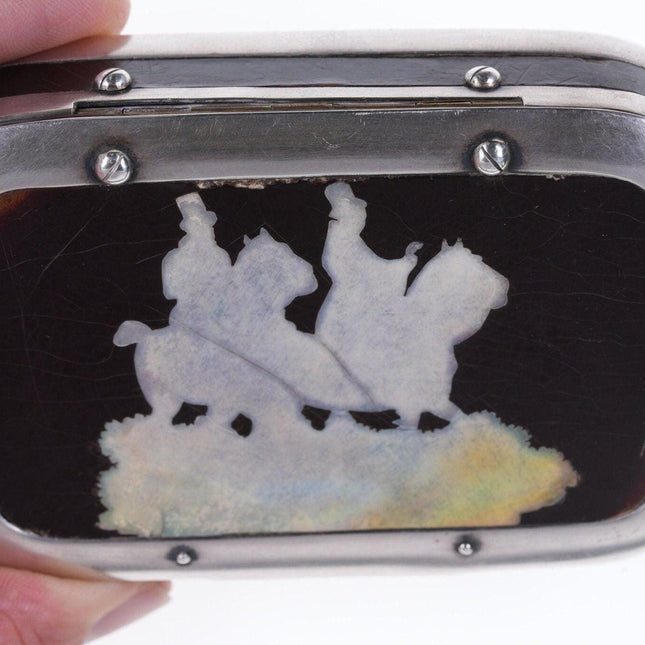 18th Century Silver, mother of pearl inlay tobacco box with Equestrian scene - Estate Fresh Austin