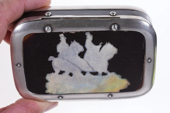 18th Century Silver, mother of pearl inlay tobacco box with Equestrian scene - Estate Fresh Austin