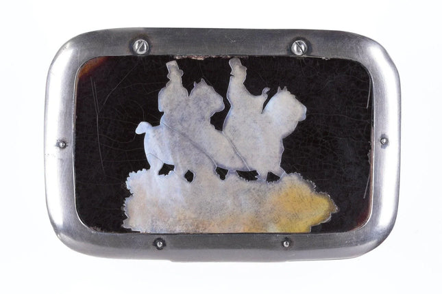 18th Century Silver, mother of pearl inlay tobacco box with Equestrian scene - Estate Fresh Austin