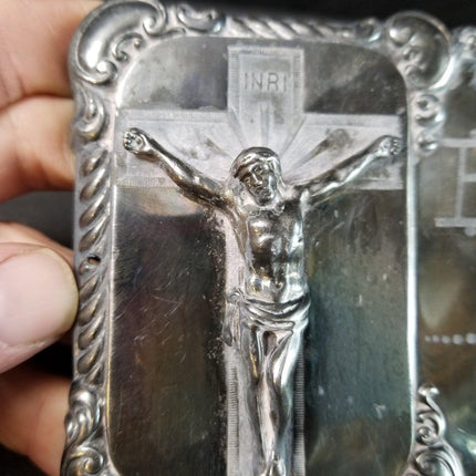 1910 Silverplate Inri Jesus On Cross Plaque Elmire Boucher 1870 - 1910 8.25" x 4" - Estate Fresh Austin