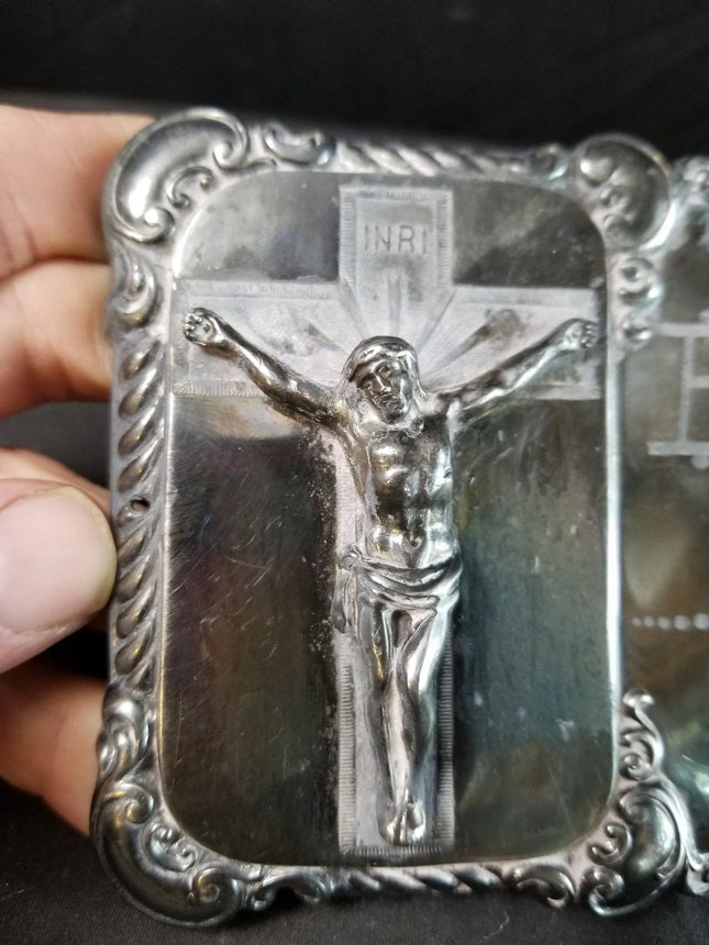 1910 Silverplate Inri Jesus On Cross Plaque Elmire Boucher 1870-1910 8.25" x 4" - Estate Fresh Austin