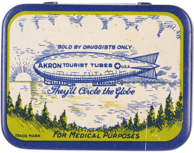 1920's Antique Akron tourist tubes Zeppelin Litho Vintage Prophylactics Tin - Estate Fresh Austin