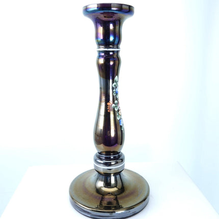 1920's Czechoslovakian Amethyst Iridescent Hand Enameled Candlestick - Estate Fresh Austin