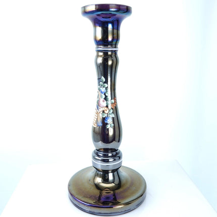 1920's Czechoslovakian Amethyst Iridescent Hand Enameled Candlestick - Estate Fresh Austin