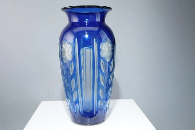 1920's Durand Blue Cut to Clear glass Vase - Estate Fresh Austin