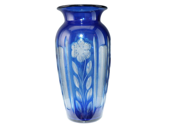 1920's Durand Blue Cut to Clear glass Vase - Estate Fresh Austin