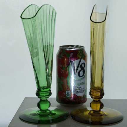 1920's Steuben Carder Era Fan Vase Pair, One green with castle etching, one ambe - Estate Fresh Austin