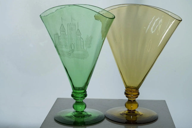 1920's Steuben Carder Era Fan Vase Pair, One green with castle etching, one ambe - Estate Fresh Austin