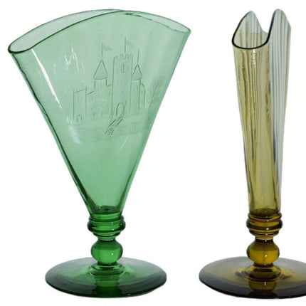 1920's Steuben Carder Era Fan Vase Pair, One green with castle etching, one ambe - Estate Fresh Austin