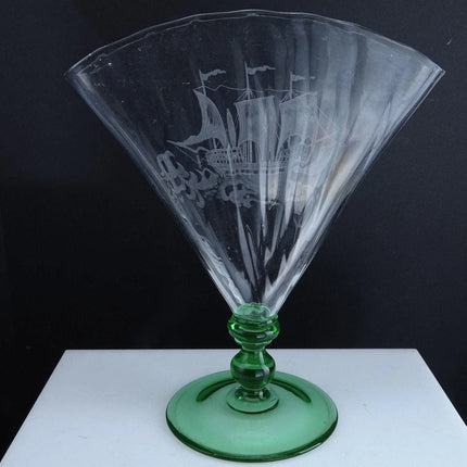 1920's Steuben Carder Era Fan Vase with intaglio cut Ship Etching - Estate Fresh Austin