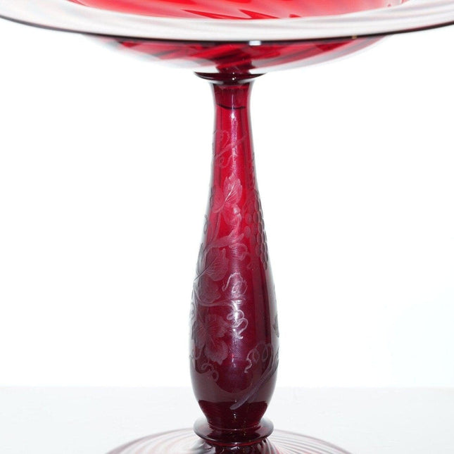 1920's Steuben Etched Glass compote in Selenium red - Estate Fresh Austin