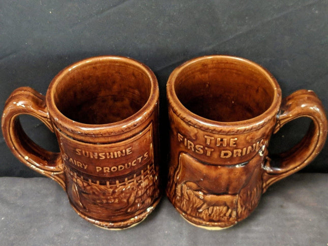 1920's Sunshine Dairy Products Stoneware Advertising Cow Mugs Rockingham Glaze - Estate Fresh Austin