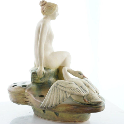 1920's Weller Art Nouveau woman flower frog with swan - Estate Fresh Austin